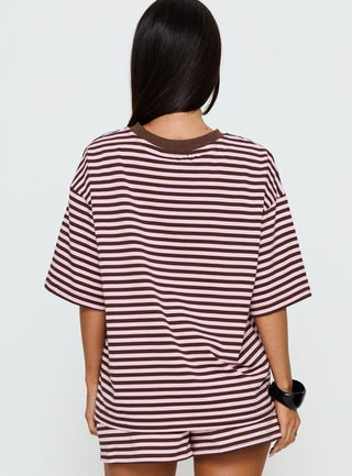Settle Down Short Sleeve Top Pink  Brown Stripe