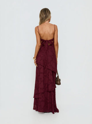 Lyricah Tiered Tie Back Maxi Dress Burgundy Petite