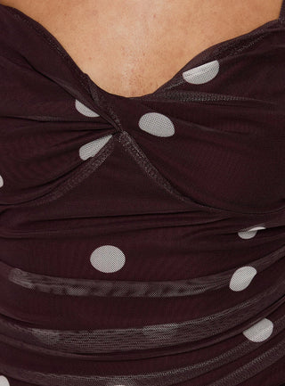 Edesia Ruched Mini Dress Chocolate Polka Dot