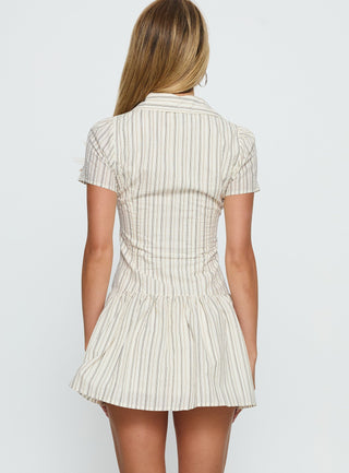 Windswept Shirt Mini Dress Cream  Black Stripe