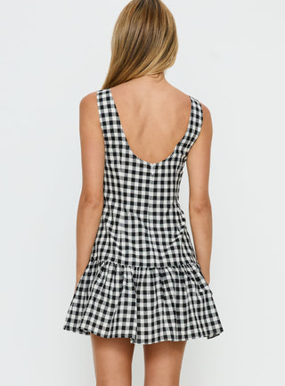 Kolbie Boat Neck Frill Mini Dress Black  White Check