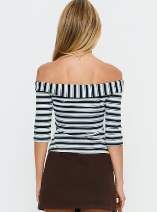 Shaylla Off Shoulder 34 Sleeve Top Blue Stripe