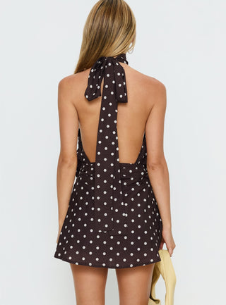Natalea High Neck Playsuit Brown  White Polka