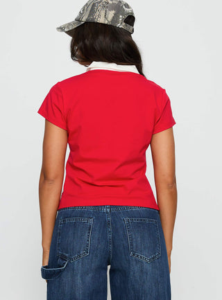 Learn Your Lesson Contrast Collared Top Red  White