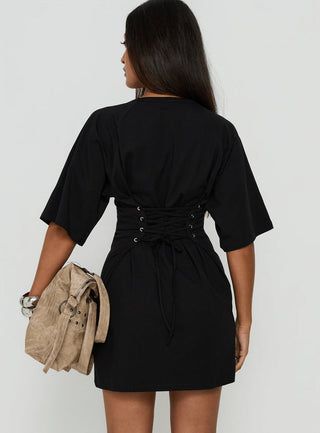 Enzia Raglan Lace Up Mini Dress Black