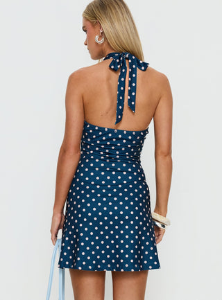 Priscelle Halter Mini Dress Navy  Pink Polka Dot