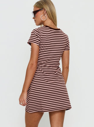 Settle Down Short Sleeve Mini Dress Pink  Brown Stripe