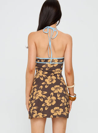 Mishie Halter Mini Dress Brown  Blue Floral