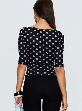 Venna 34 Sleeve Boat Neck Top Black  White Polka