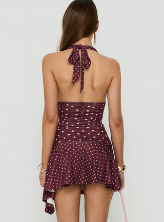 Mariellen Halter Mini Dress Plum Polka Dot