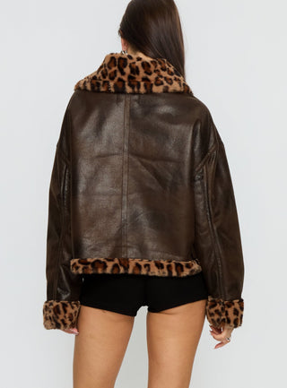 Brandyn Faux Fur Trim Jacket Brown  Leopard