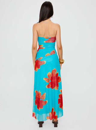 Katara Strapless Maxi Dress Blue  Orange Floral