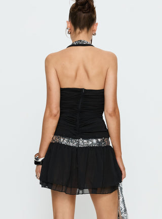 Aisleigh Sequin Halter Mini Dress Black  Silver