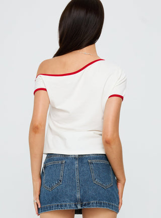 Kelsa Off Shoulder Contrast Trim Top White  Red