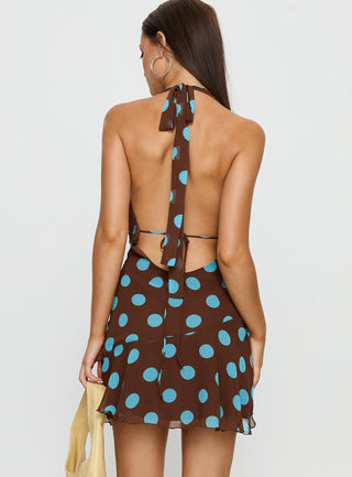 Karolie Halter Plunge Mini Dress Brown  Blue Polka Dot