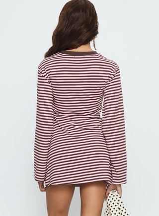 Lulolah Long Sleeve Mini Dress Chocolate  Pink Stripe