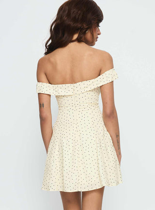 Rosebud Off The Shoulder Mini Dress Yellow  Polka Dot