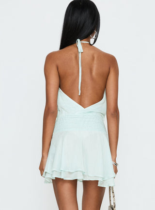 Rozario Chiffon Halter Mini Dress Aqua  Silver