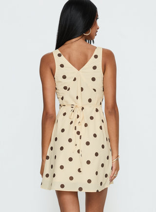Nellie Mini Dress Lemon  Brown Polka Dot