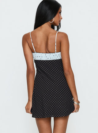 Rylann Contrast Tie Detail Mini Dress Navy  Blue Polka