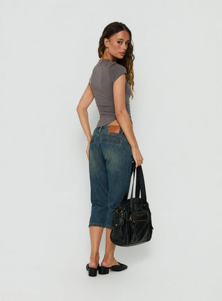Ceilea Ultra Low Rise Denim Capri Pants Dirty Blue