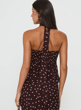 Sydni Scarf Detail Strapless Top Chocolate  Pink Polka Dot