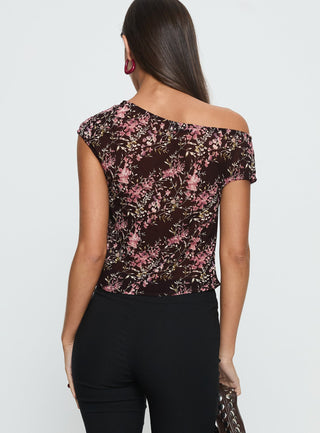 Justyna Sheer Top Off Shoulder Top Brown  Pink Floral