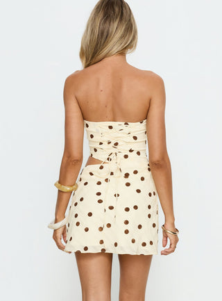 Jasira Strapless Drape Mini Dress Cream  Brown Polka Dot