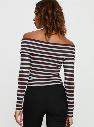 Raelena Off Shoulder Long Sleeve Top Blue  Brown Stripe
