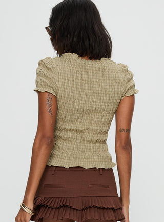 Romelle Shirred Top Green  Brown Plaid