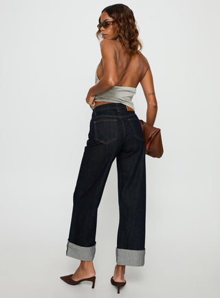 Squire Mid Rise Straight Leg Folded Hem Jeans Indigo Wash