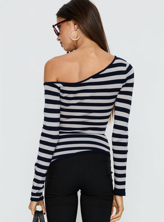 Kastor One Shoulder Long Sleeve Top Navy  Grey Stripe