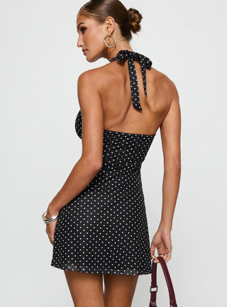 Black Beauty Halter Mini Dress Black  Polka