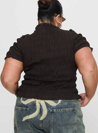 Romelle Shirred Top Black  Brown Plaid