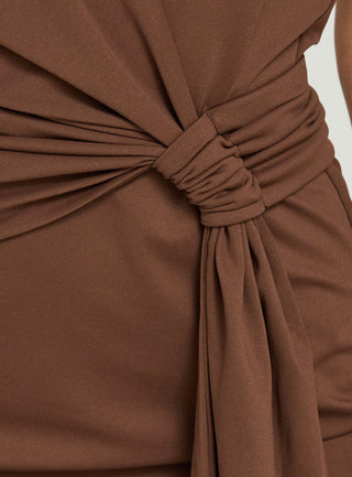 Amiamora Plunge Halter Scarf Mini Dress Brown
