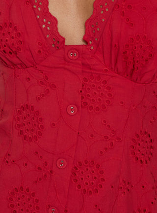 Gabbey Anglaise V Neck Mini Dress Tomato Red