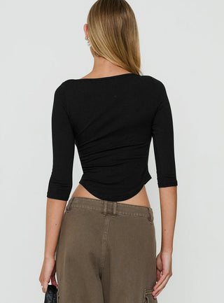 Myaah 3/4 Sleeve Curved Hem Top Black