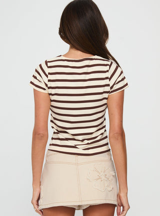 Marvella Button Up Top Beige  Brown Stripe