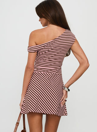 My Fun Off Shoulder Jersey Mini Dress Pink  Brown Stripe
