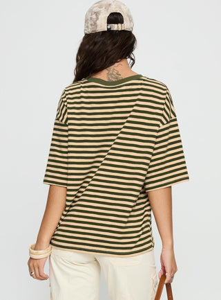 Settle Down Short Sleeve Top Green  Cream Stripe