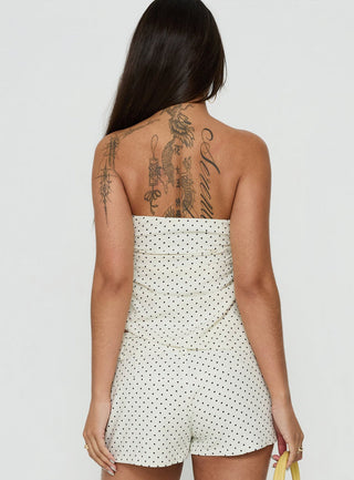 Defined Strapless Gathered Linen Blend Top Cream Polka Dot