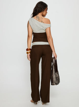 Past Life Fold Over Waistband Pant Brown  Stripe