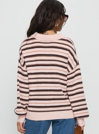 Jeanny Collared Knit Sweater Brown  Pink Stripe