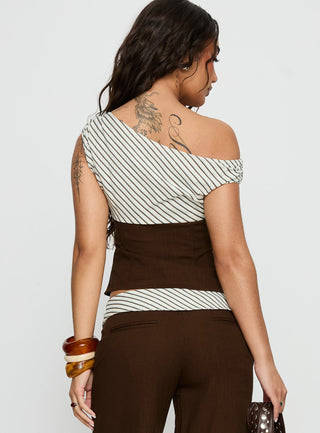 Past Life One Shoulder Top Brown  Stripe