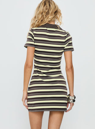 Zuria Collared V-neck Mini Dress Brown  Yellow Stripe