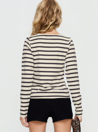 Marvella Button Up Long sleeve Top Dark Grey  Cream Stripe
