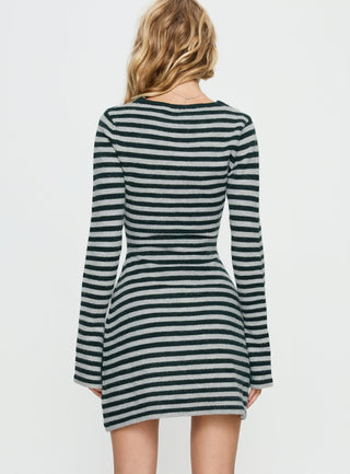 Morgen Asymmetrical Long Sleeve Mini Dress Grey  Green Stripe