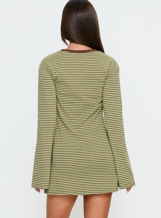 Lulolah Long Sleeve Mini Dress Green  Chocolate Stripe