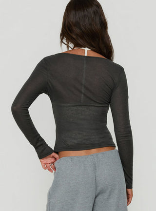 Kaiyah Sheer V Neck Long Sleeve Top Slate
