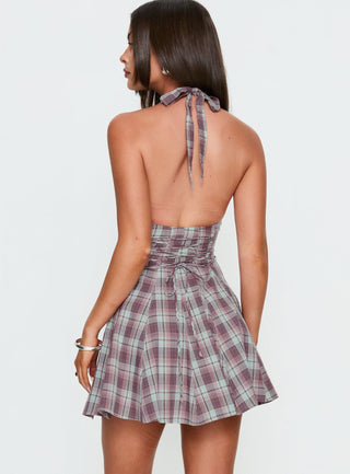 Out Of Nowhere Halter Mini Dress Burgundy  Pink Check